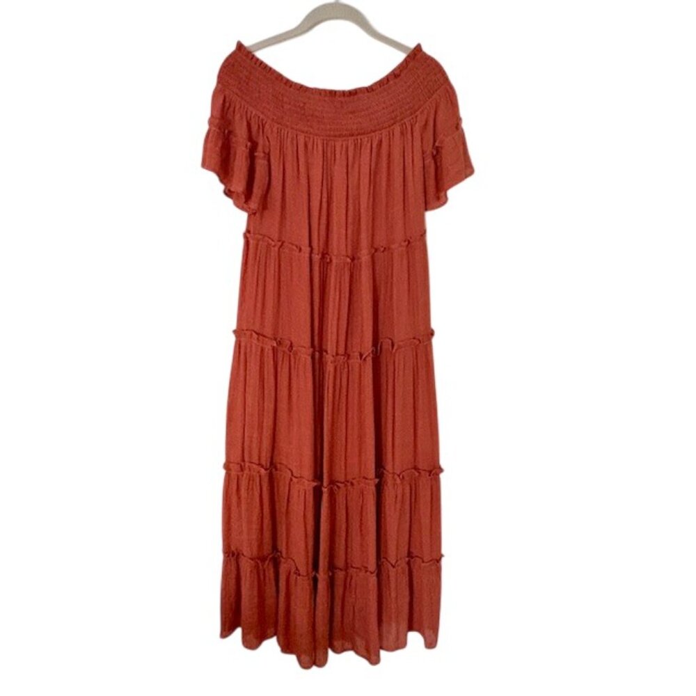 JODIFL Off-Shoulder Terracotta Rose Tiered Ruffled Gathered Gauze Maxi Dress S/M
